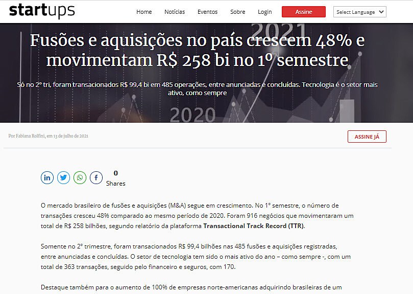 Fuses e aquisies crescem 48% e chegam a R$ 258 bi no 1 semestre